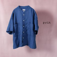 画像1: prit / プリット フレンチリネンキャンバス 5分袖スタンドカラーポケットワイドシャツ (1)