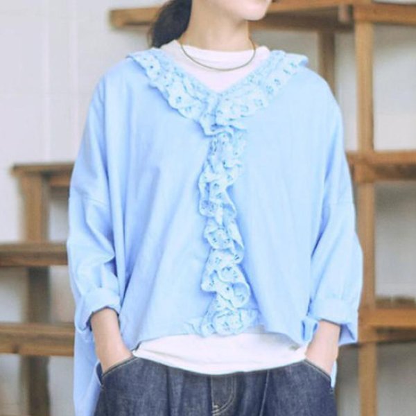 画像3: tumugu / ツムグ コットン天竺×バテンレース Vネックプルオーバー (3)