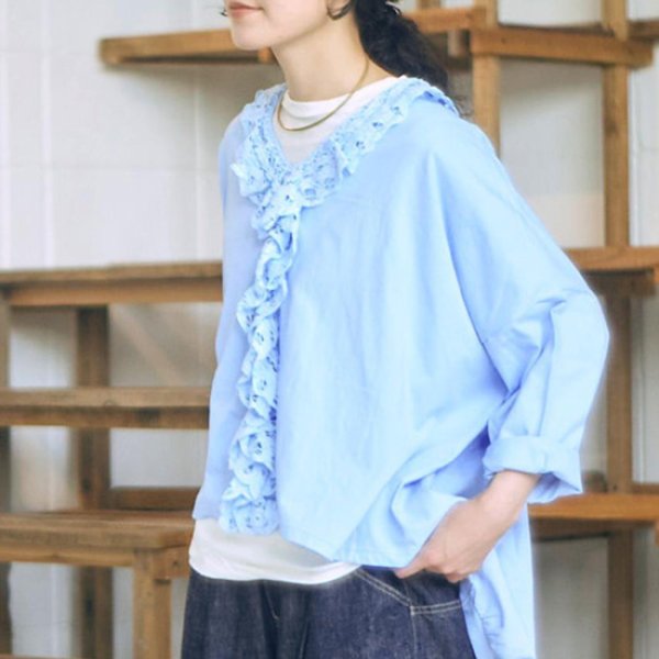 画像6: tumugu / ツムグ コットン天竺×バテンレース Vネックプルオーバー (6)