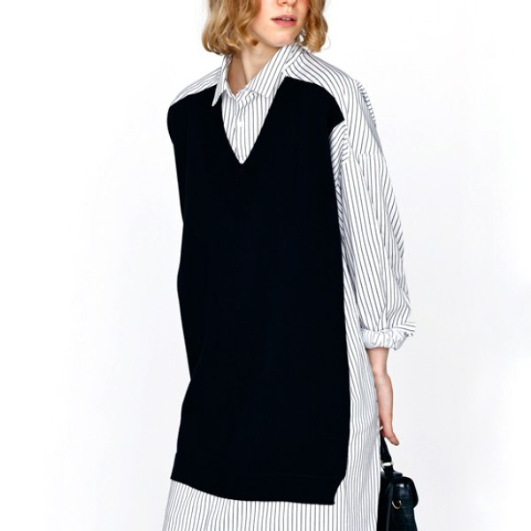 画像2: KELEN / ケレン ニットベスト重ね着風ストライプシャツワンピース APOLU (2)