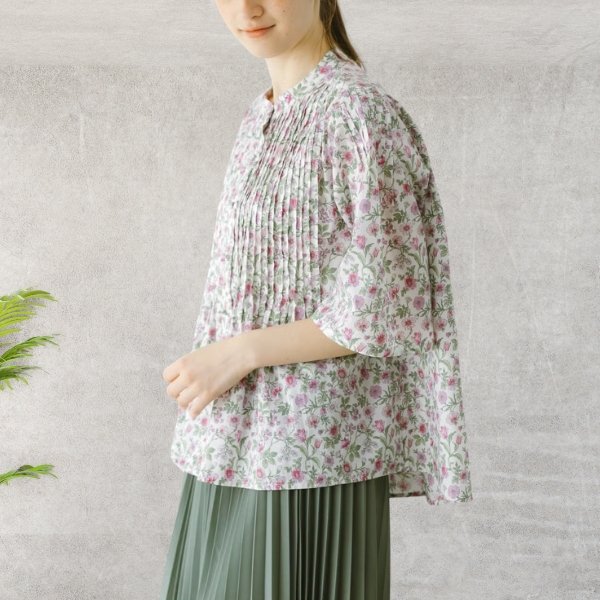 画像5: sosotto / ソソット LIBERTY細ピンタックスタンドブラウス6分袖 (5)